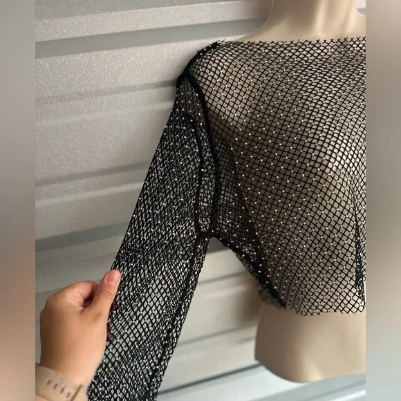 Mesh Black Sequin Long Sleeve Festival Top One Size - Picture 7 of 11